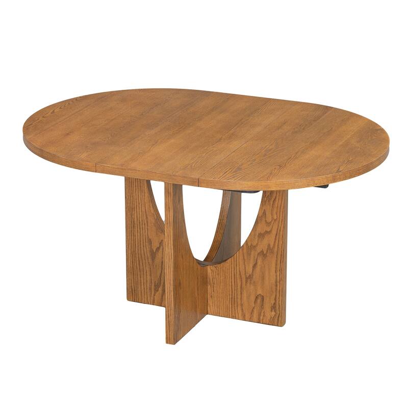 5 Piece Functional Dining Set, Wood Extendable Round Dining Table Set with Removable Leaf and 4 Upholstered Chairs