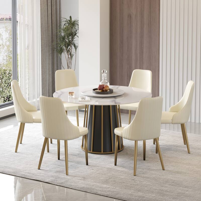 Round Metal Pedestal Dining Table Round Sintered Stone Table with Lazy Susan