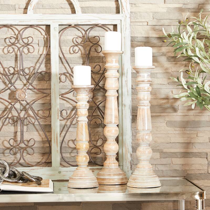 Brown Mango Wood Handmade Candle Holder with Turned Style (Set of 3) - Brown