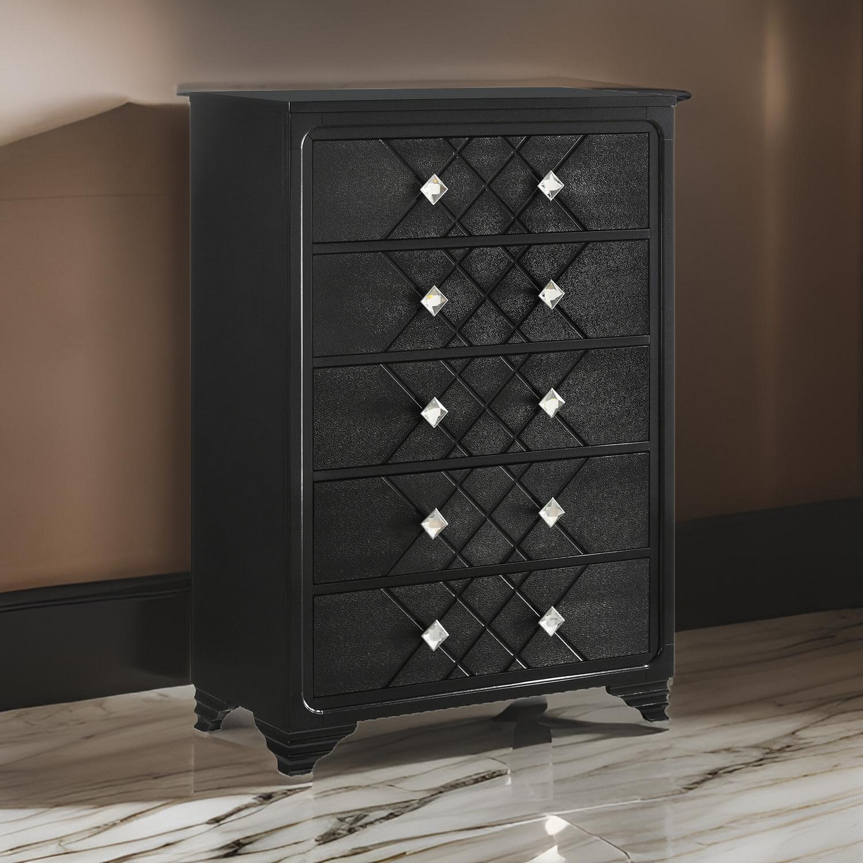 Vini 52 Inch Modern Glam Tall Dresser Chest, 5 Drawers Diamond Knobs, Black - Overstock - 36155390 Vini 52 Inch Modern Glam Tall Dresser Chest, 5 Drawers Diamond Knobs, Black - Overstock - 36155390