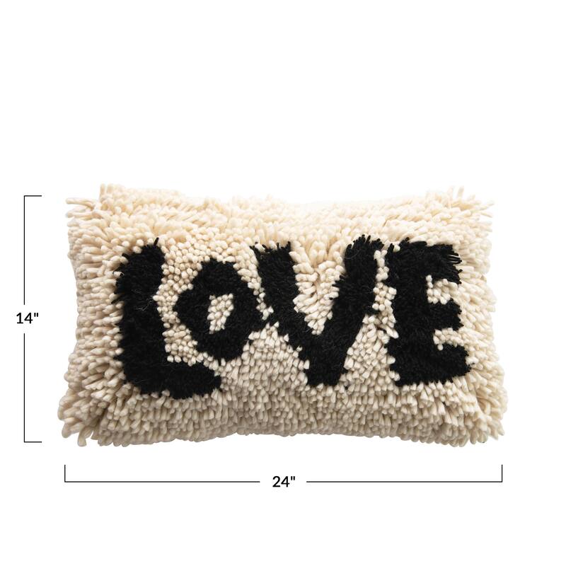 Woven Wool Shag Lumbar Pillow "Love", Black & Cream Color