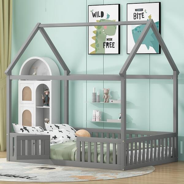 slide 2 of 7, Full Size Woodden House Bed with Fence and Door, Gray