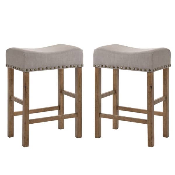slide 2 of 10, Set of 2 Linen Upholstered Counter Height Stool Tan and Weathered Oak