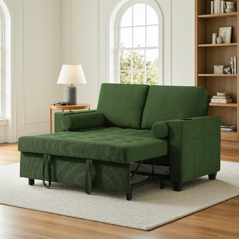 Corduroy Convertible Loveseat Sofa Bed Recliner with Cup Holder, USB Ports - Green