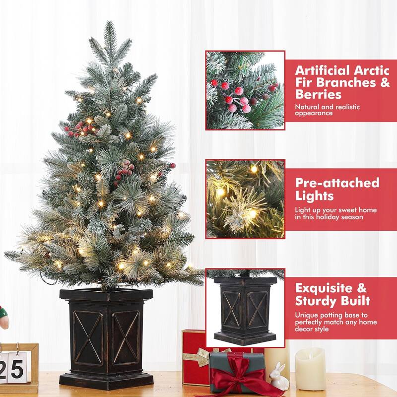 4.5 Ft Artificial Christmas Tree with 200 Warm White LED Lights and Red Berries Potted Base Holiday Xmas Tree