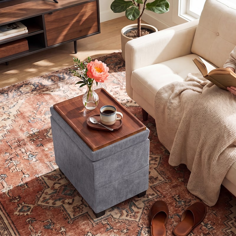 Adeco 16" W Upholstered Rectangle Storage Ottoman with Tray and Pocket - Grey-Cotton-Linen