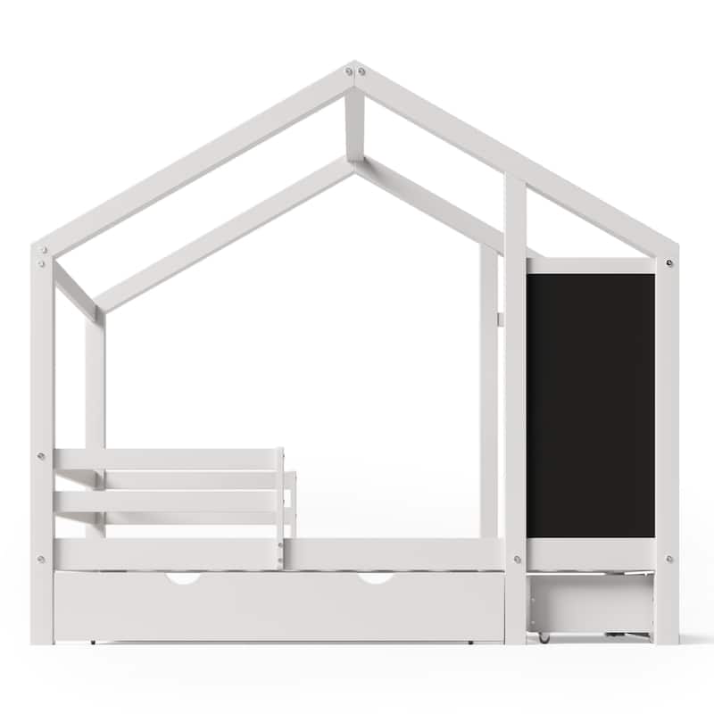 Twin and Full Size House Shaped Platform Bed with Blackboard and Drawers, Two Assembly Options for Creative Kids Bedroom