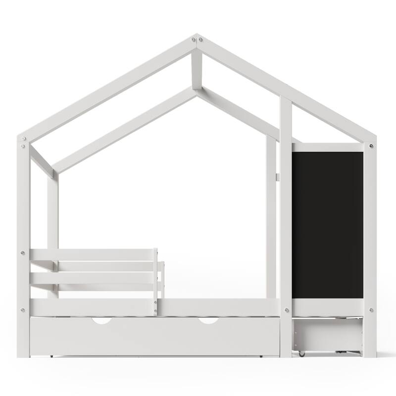White Full House Bed with Blackboard, 3 Drawers & Protective Rails, 550LBS Capacity
