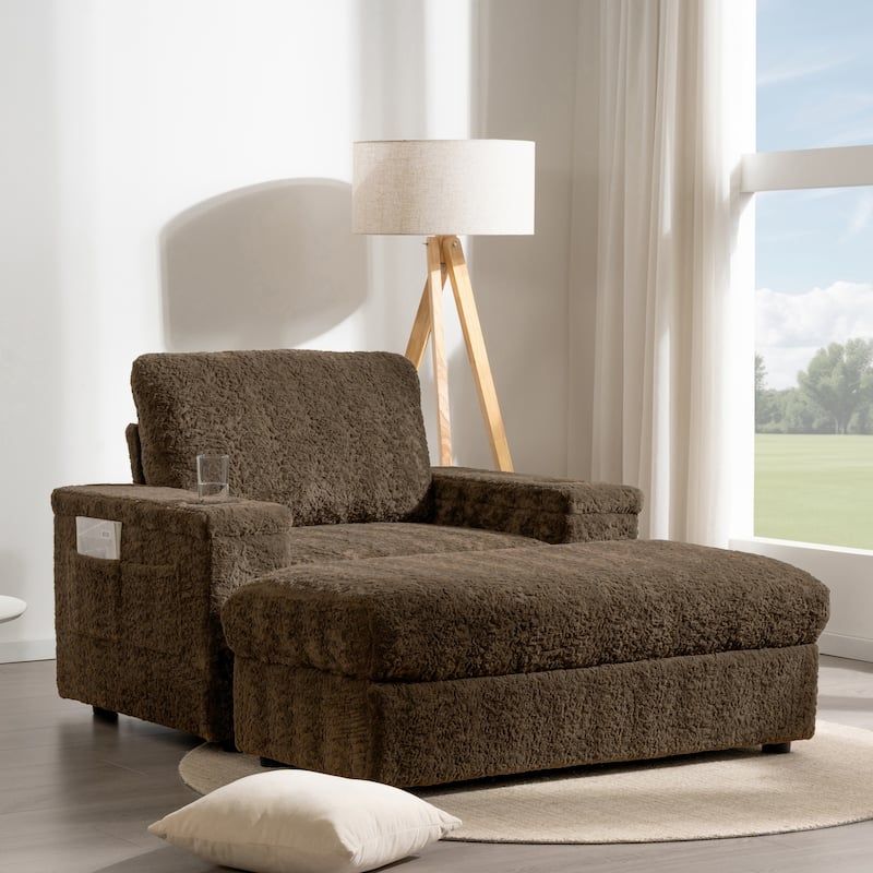 Oversized Upholstered Sleeper Chair Sofa Bed with Storage Ottoman and Armrests,Cup Holders