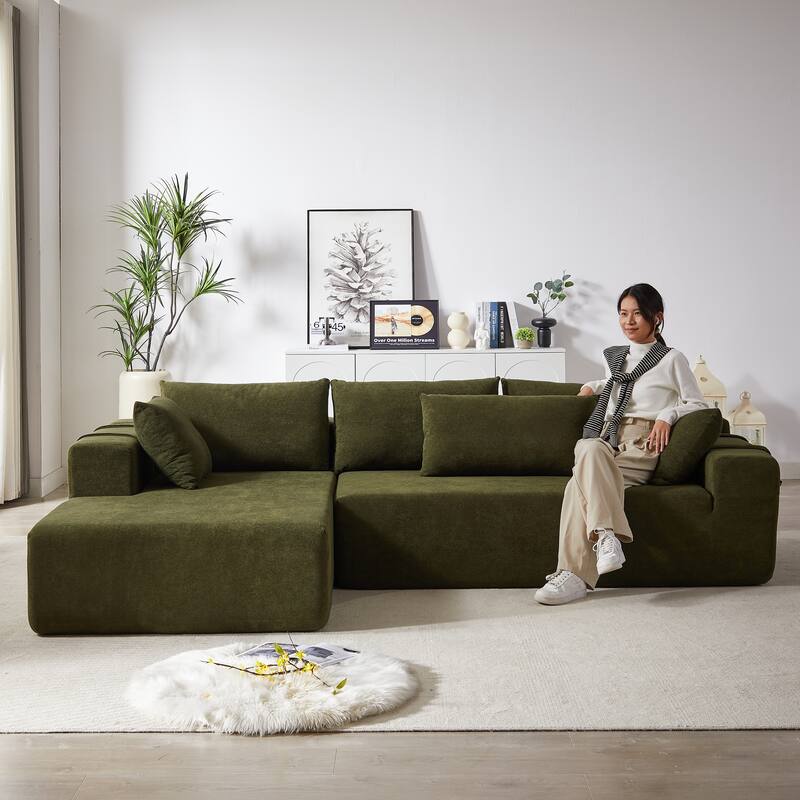 Modern Chenille Upholstered Sectional Sofa Couch Set,Modular L Shaped Sectional Living Room Sofa Set With 6 Pillows(Left Chaise)