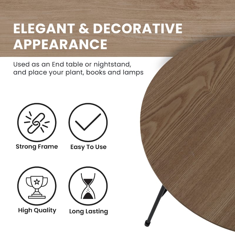 Rossmore Mid-Century Modern Round Ash Wood Veneer Side Table with Steel Frame Accent Table for Living Room, Bedroom, or Office