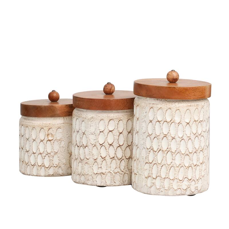 Paper Mache Geometric Handmade Carved Spotted Canisters with Brown Removable Lids - Set of 3 Cream - Roche River Decor