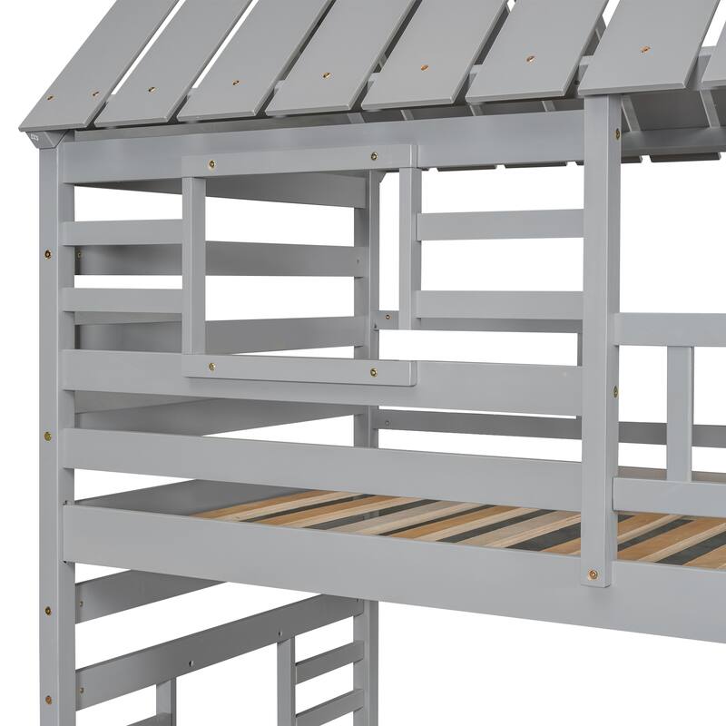 Roomfitters Twin Over Twin House Bunk Bed with Slide, Trundle and Storage Staircase