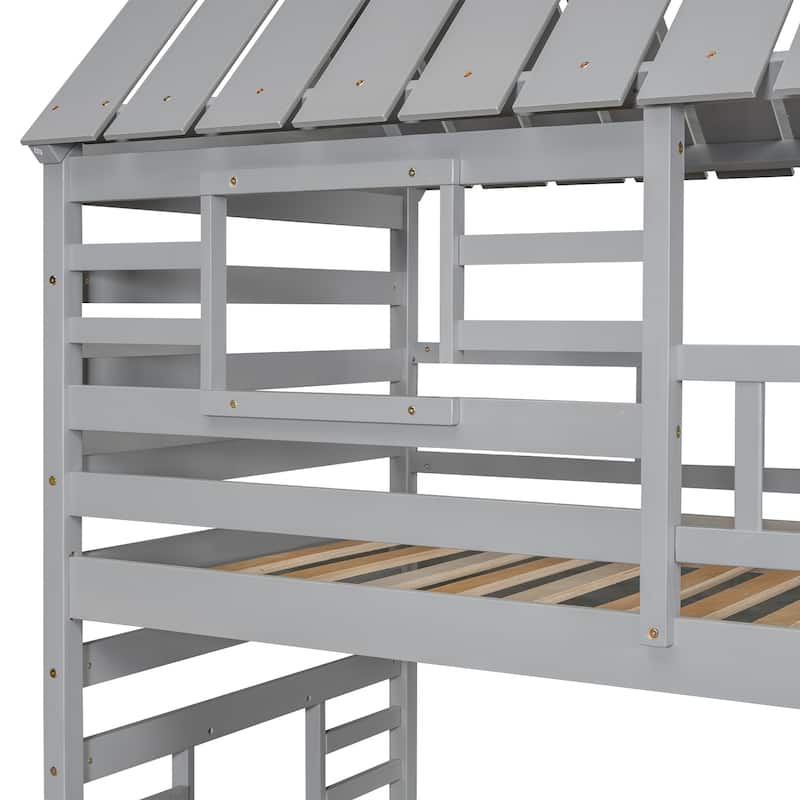 Twin over Twin House Bunk Bed with Trundle & Slide, Storage Staircase