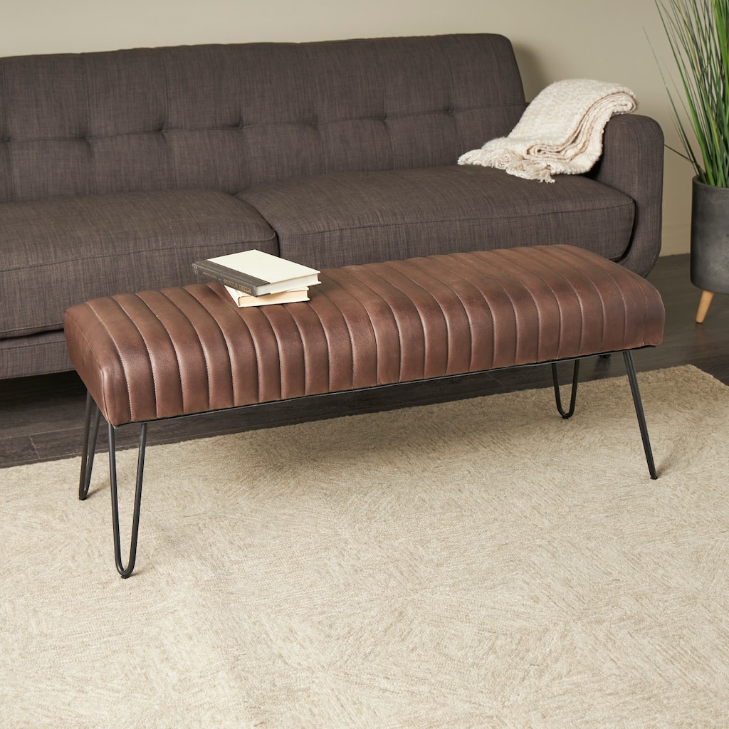 Brown Leather Upholstered Bench with Linear Tufted Panels and Black Metal Hairpin Legs