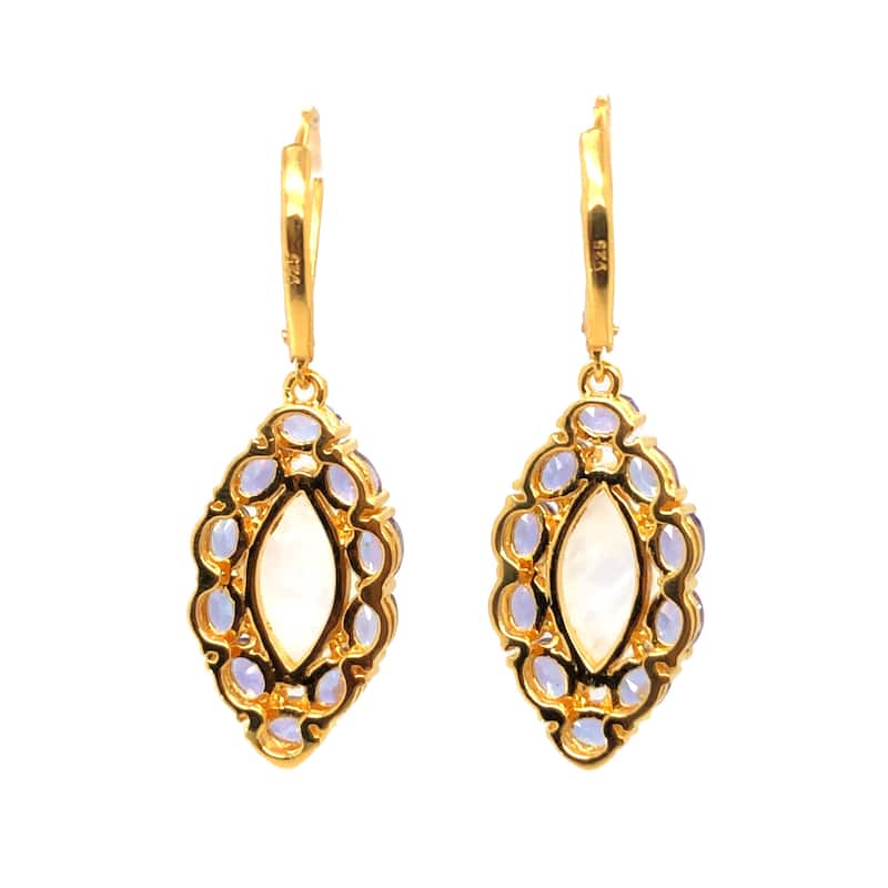 18k Yellow Gold Over Sterling Silver Rainbow Moonstone And Tanzanite Gemstone Drop And Dangle Earrings