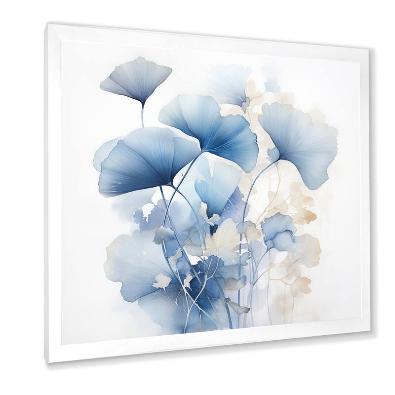 Designart "Delicate Blue Ginko Leaves On White Watercolor" Leaves Framed Wall Art Living Room