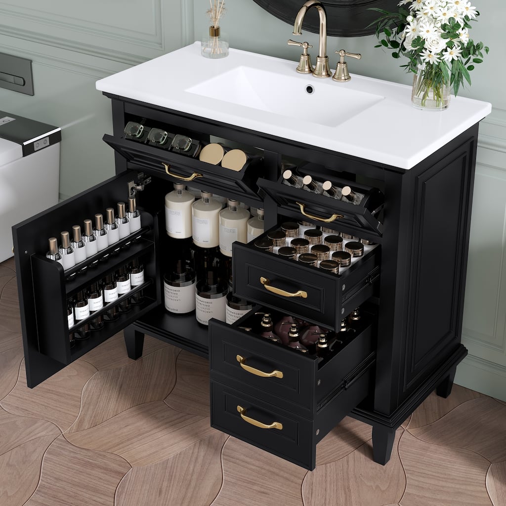 36 Inch Bathroom Vanity with Ceramic Sink Top, Solid Wood Frame, MDF & Poplar Cabinet, Flip Drawers, Adjustable Shelf