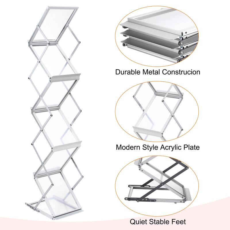 Foldable Aluminum Magazine Display Racks 6 Layers A4 Stand Literature Rack - Silver Tone