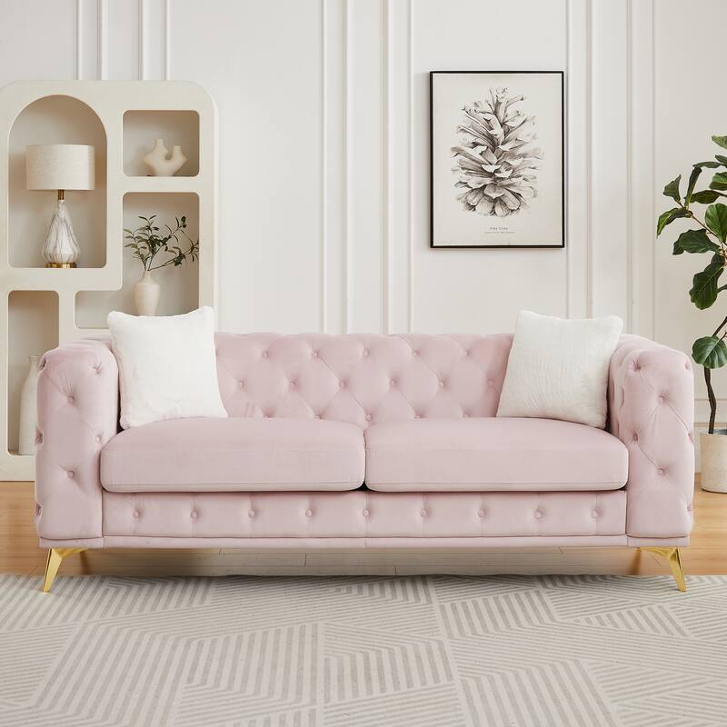 Modern Luxury Velvet Sofa with Chesterfield Quilted Button Accents - Pink-82.5''