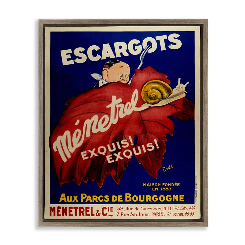 Stupell Vintage Escargots Advertisement Framed Floater Canvas Wall Art Design By Marcus Jules - 17 x 21 - Brown