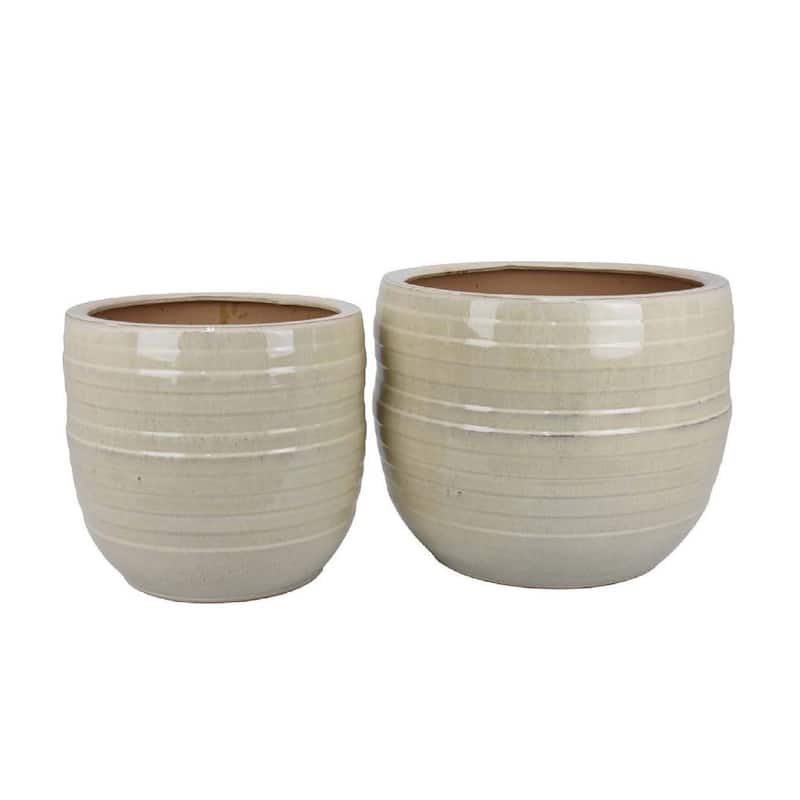 Paulo Barrel Planter Set of 2, Raised Ribbed Beige Ceramic 19, 15 Inch