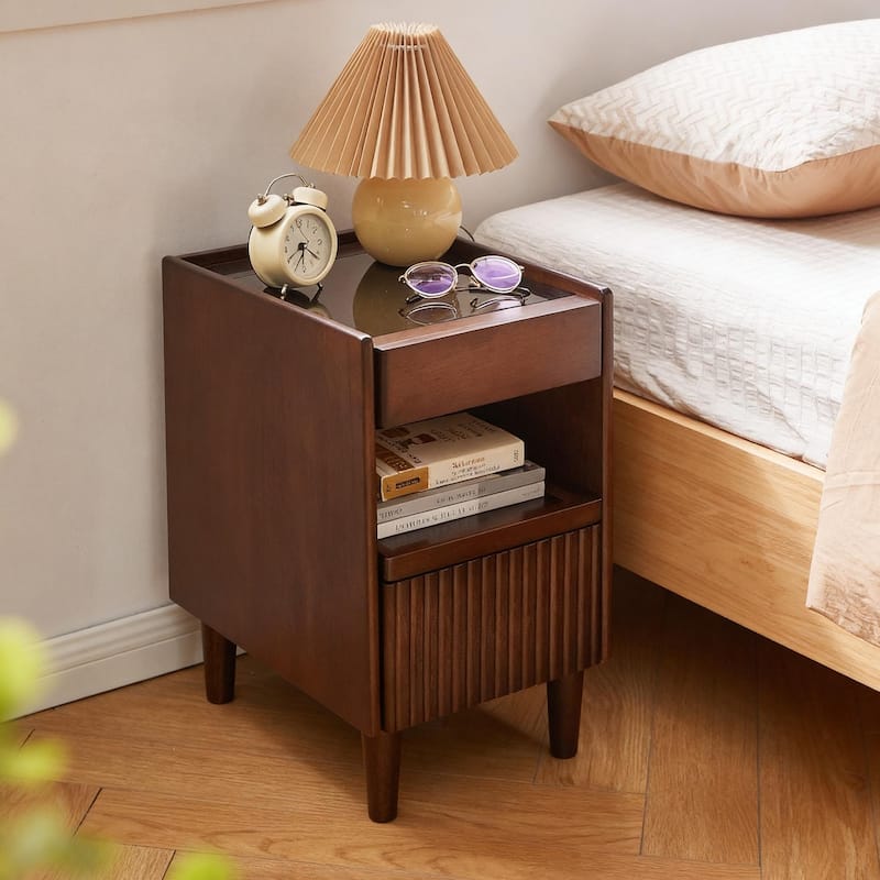 Wooden Bedside Table with 1 Drawer Open Shelves, Wood Board Side Tables Storage Small Narrow Desk Chest of Drawer