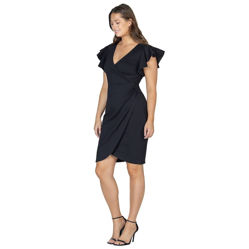 24seven Comfort Apparel Womens V Neck Ruffle Sleeve Knee Length Dress