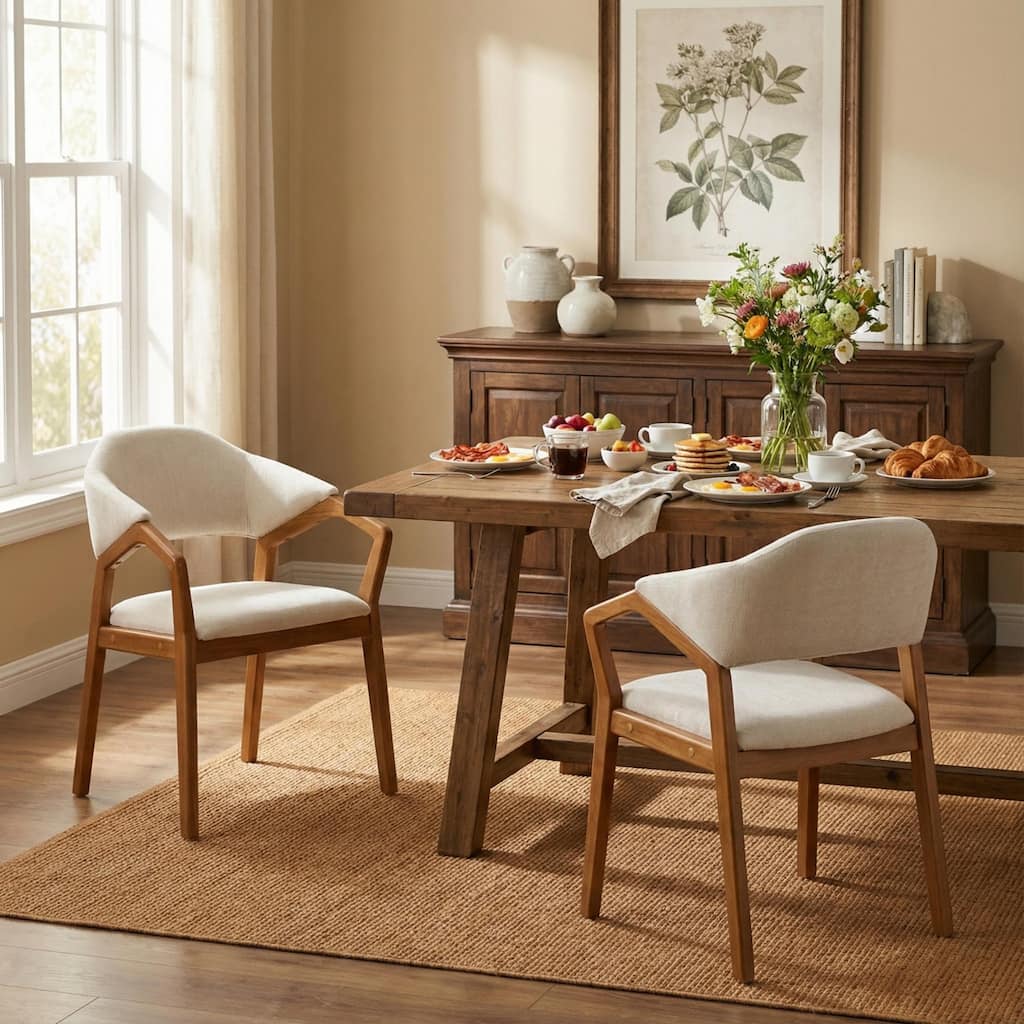 Roomfitters 23" Set of 2 Upholstered Dining Chairs, Mid-Century Modern Z-Arm Chairs with Teak Finished Wood Frame
