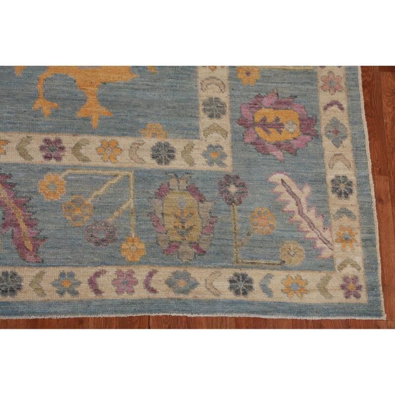 Hand Knotted Oriental 100% Wool Carpet Transitional All-Over Navy Blue & Blues Oushak Area Rug - 12' 9'' X 9' 1''