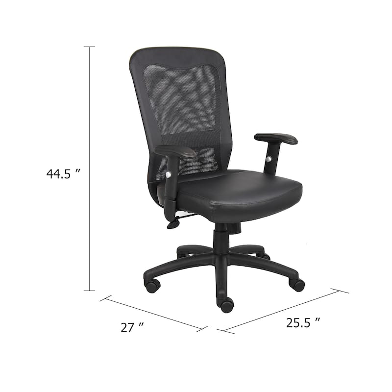 Rolling Task Chair, Black LeatherPlus Mesh, Adjustable Arms, Swivel
