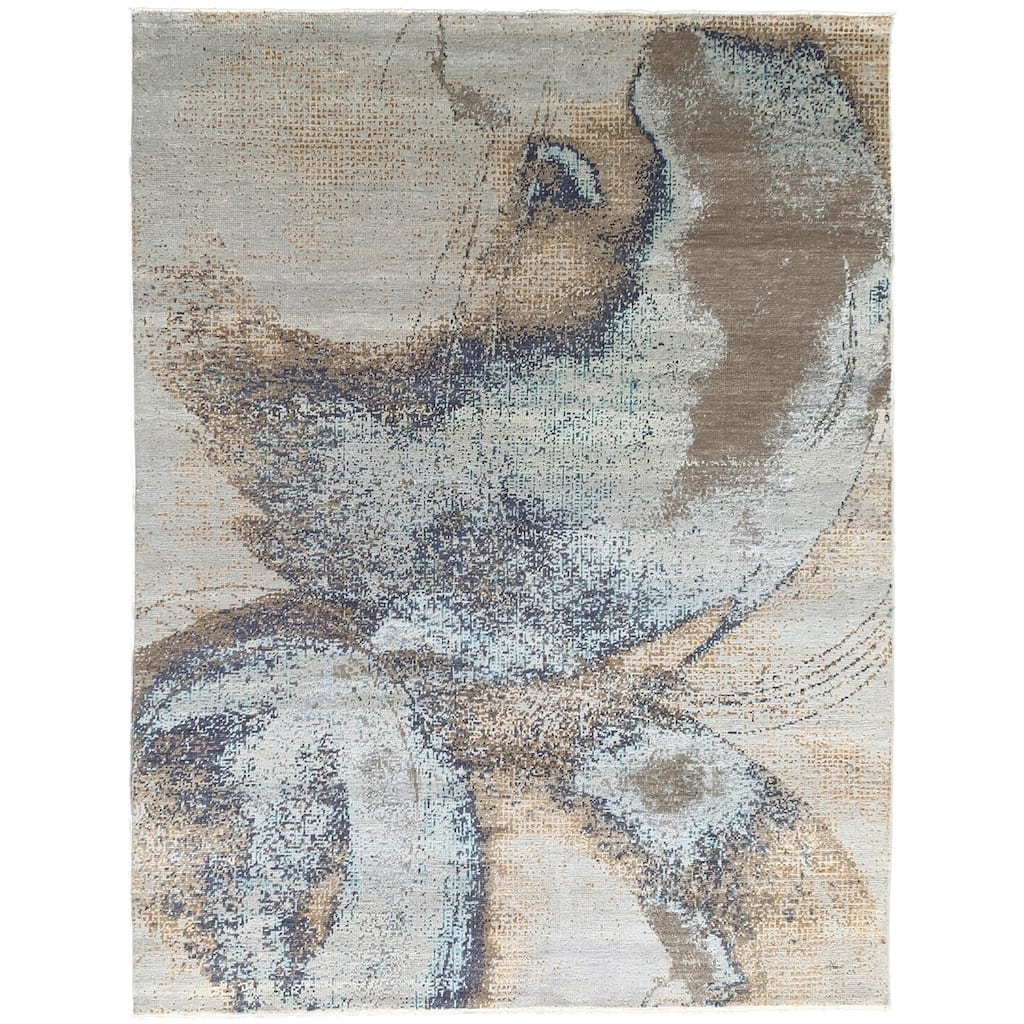 Gray Silver Hand Knotted Wool Rug, 7'10 x 10', Plush Elegant Accent - L