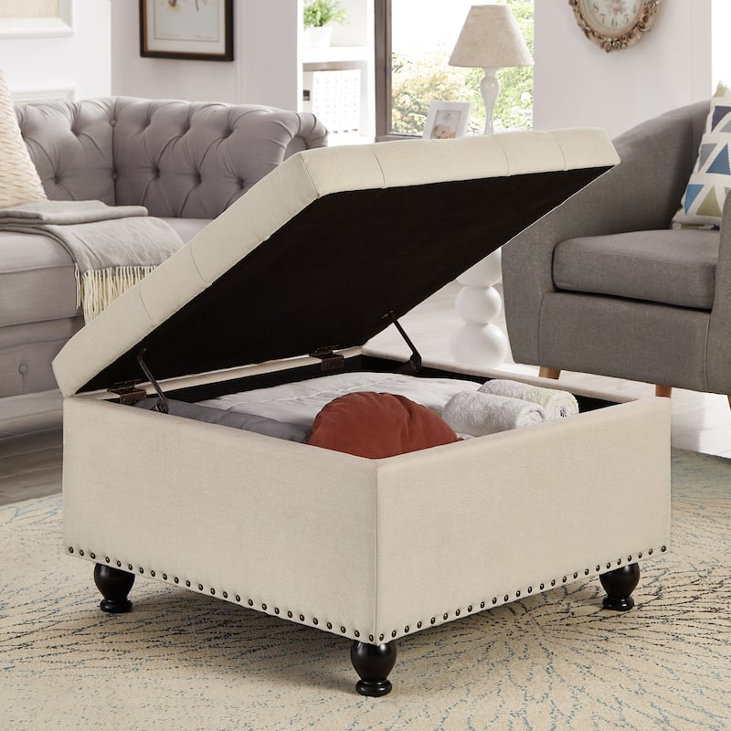 Upholstered Fabric Button Tufted Storage Ottoman with Nail Trims