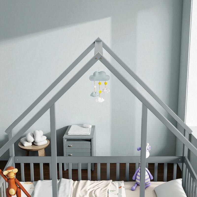 Twin/Full Size Wooden House-Shaped Floor Bed with Fence and Guardrails, Kids Montessori Bed with Roof Frame