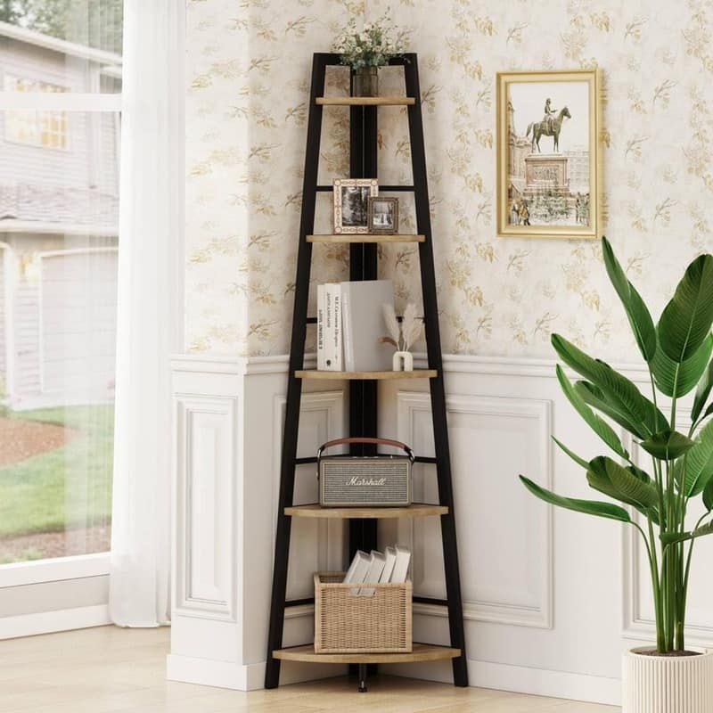 Rustic Tall Corner Bookshelf - Vintage Oak