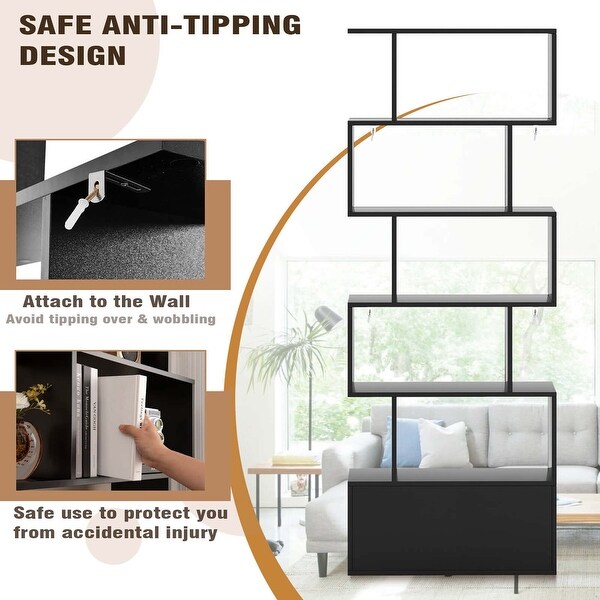 26冊 Costway Bookshelf with Cabinet 6-Tier S-Shaped Bookcase