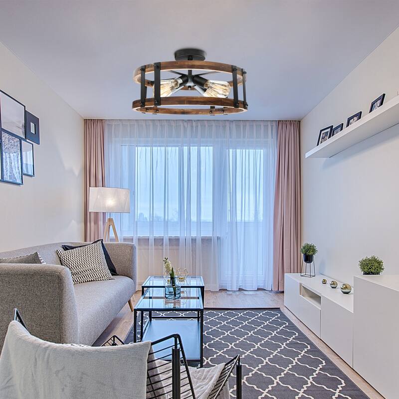 Anmytek Farmhouse 4-Light Wood Drum Semi-Flush Mount Ceiling Light for Entryway - Brown