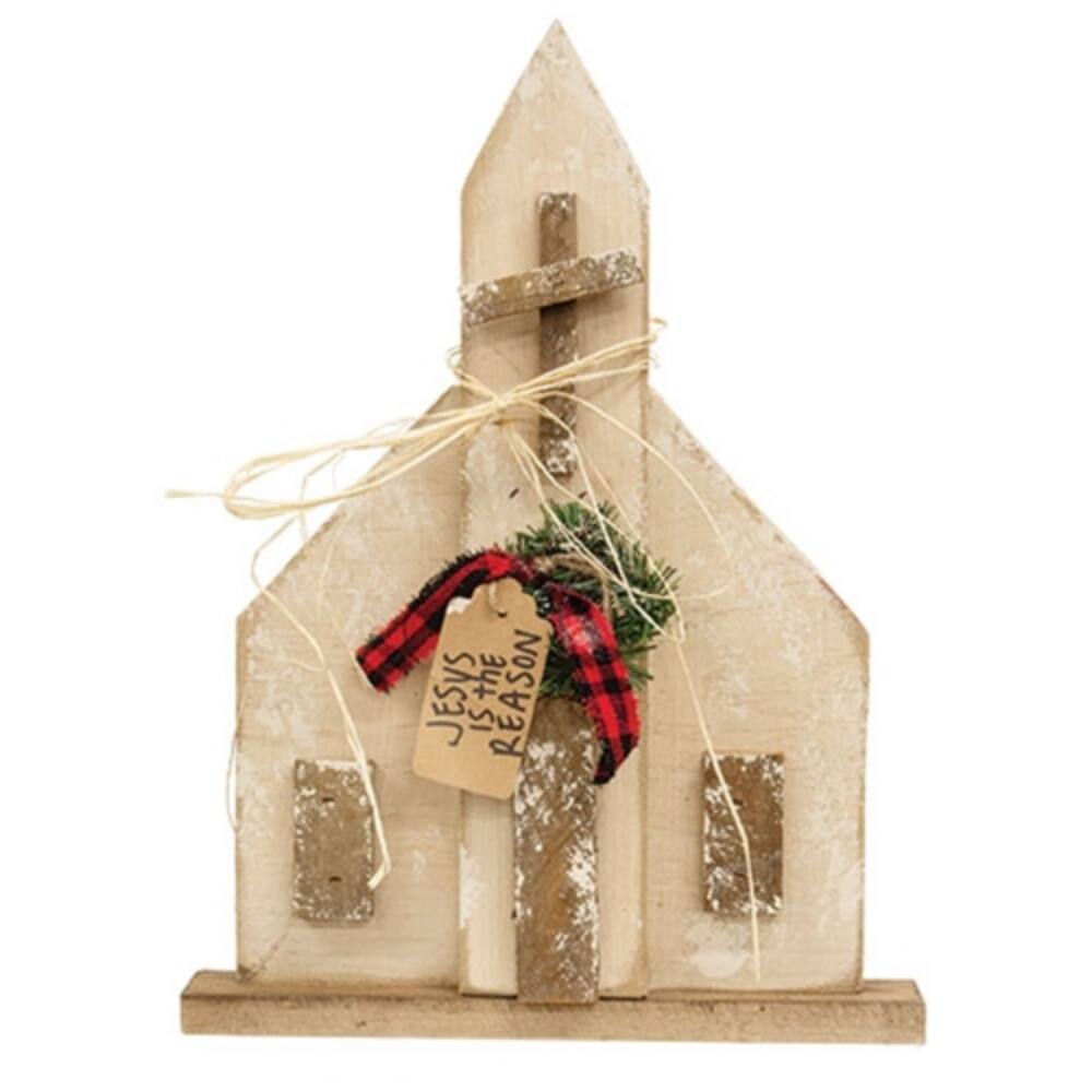 Rustic Wood Winter Church on Base - 19"H - Multi
