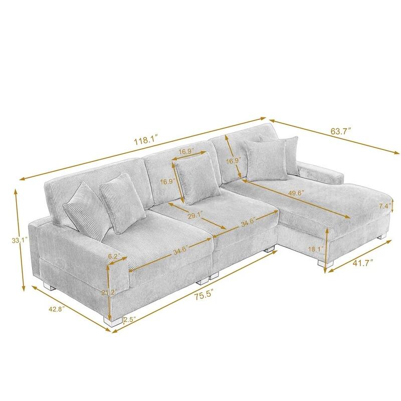 118" W Corduroy L-shape Modular Sectional Sofa with Pillows