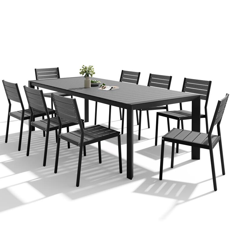 Set of 9 Outdoor Patio Dining Set WoodLike Table Top Aluminum Rectangular Umbrella Hole Table with Stackable Dining Chairs
