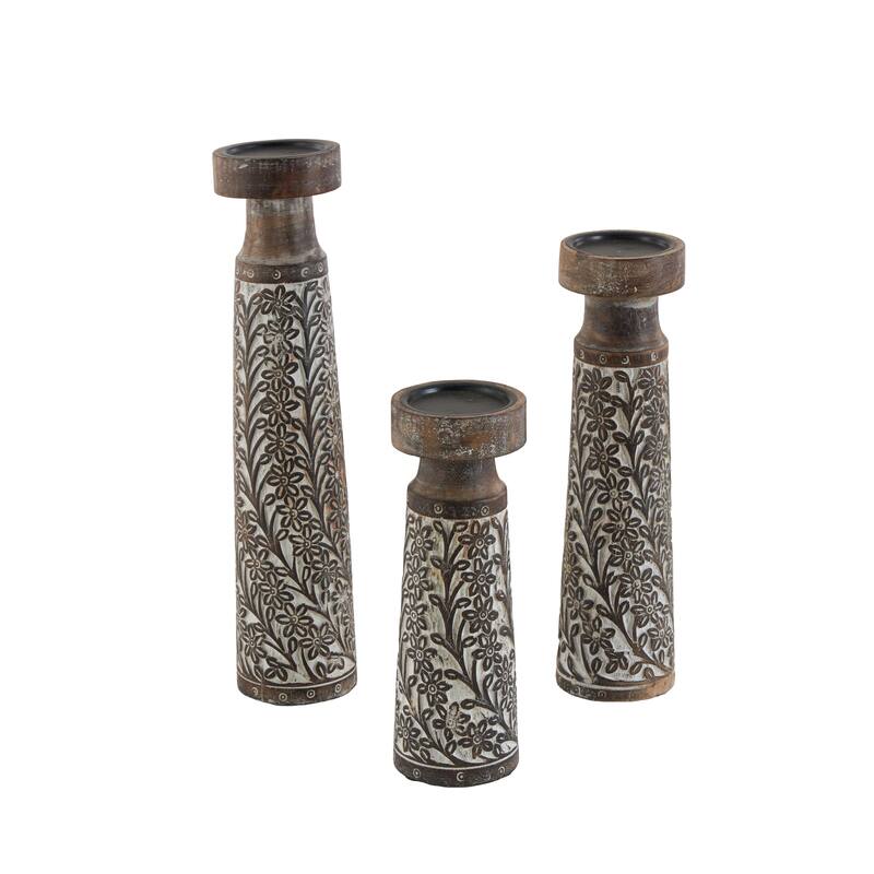 Mango Wood Floral Handmade Carved Pillar Candle Holder with Cream Accents - Set of 3 Brown - Roche River Decor