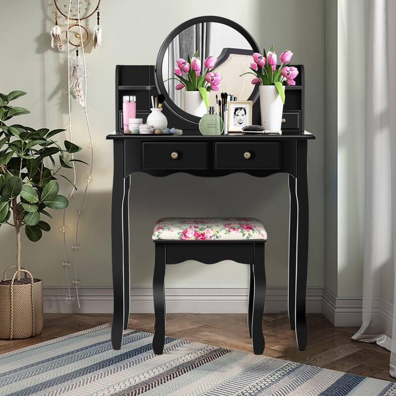 Costway Makeup Vanity Table Drawers Oval Dressing Table Kids Gift - Black