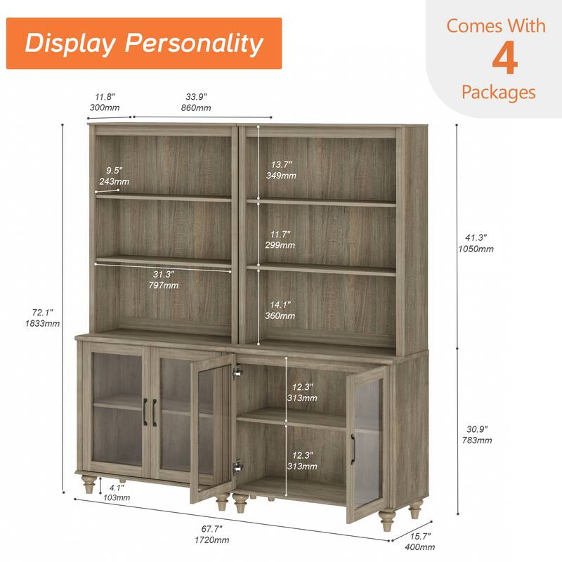 Wash Gray Bookcase with Doors, Large Wood Farmhouse Book Case Shelf - wash grey