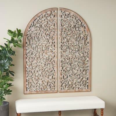 Brown Wooden Handmade Arched Floral Wall Decor with Intricate Carvings (Set of 2)