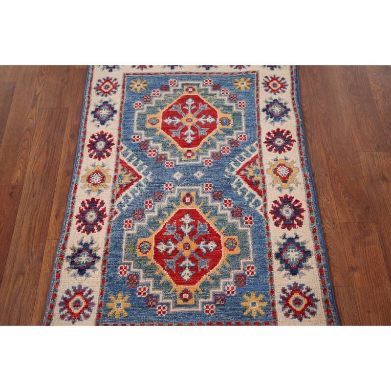 Blue Geometric Kazak Accent Rug Handmade Wool Carpet - 2'0" x 3'2"