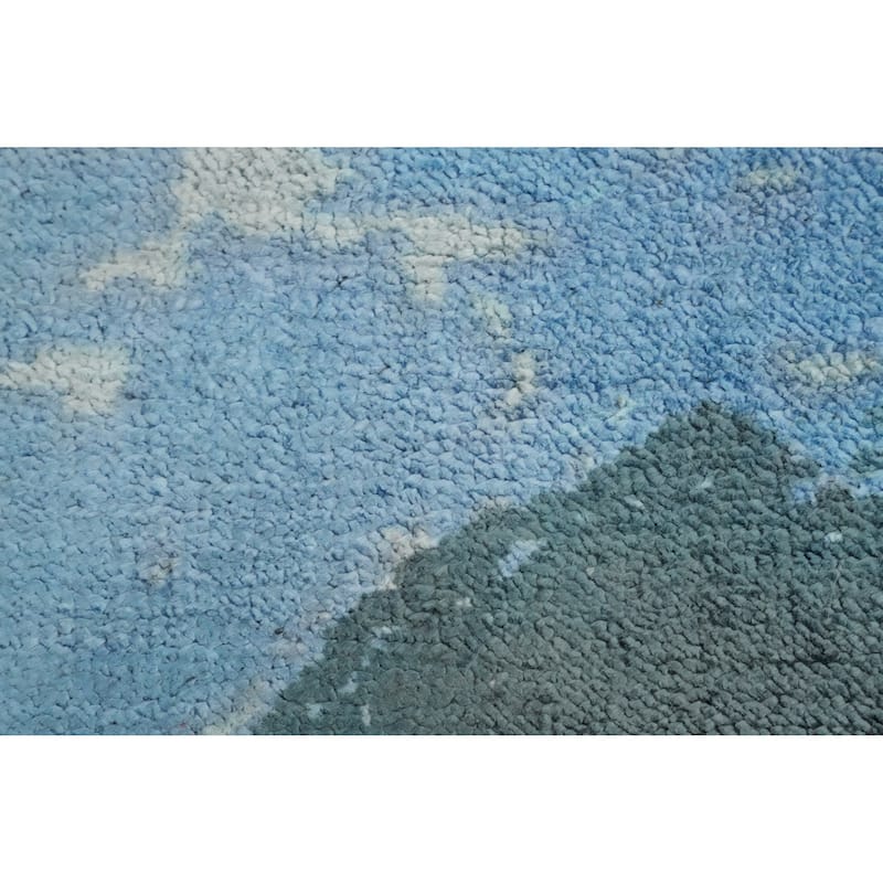 Hand Knotted Oriental Viscose Silk Carpet Modern Pictorial Navy Blue & Blues Abstract Area Rug - 7' 10'' X 5' 8''