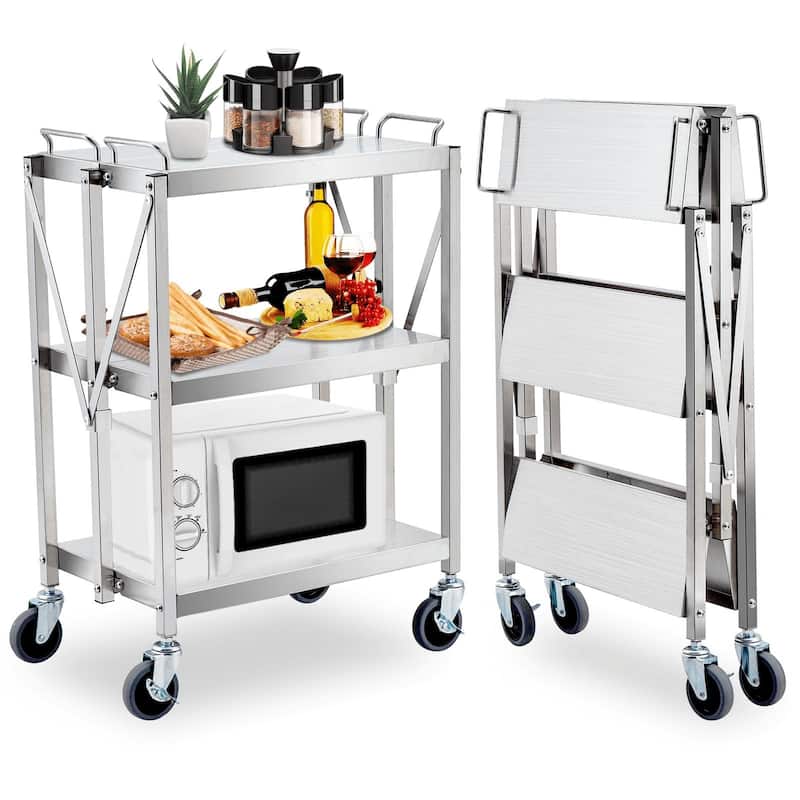 Foldable Utility Silver 3-Tier Service Cart with Wheels Lockable - N/A - Silver