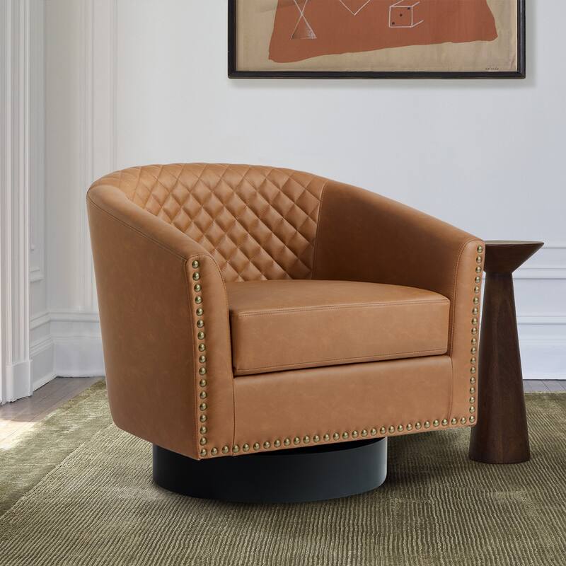 Tufted PU Vegan Leather Swivel Barrel Chair with Nailheads Trim