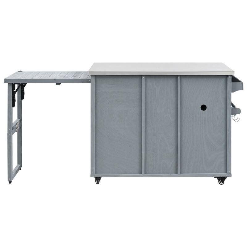 78.3" Outdoor Kitchen Island with Extendable Table, Trash Can Storage and Stainless Steel Top for BBQ Cooking
