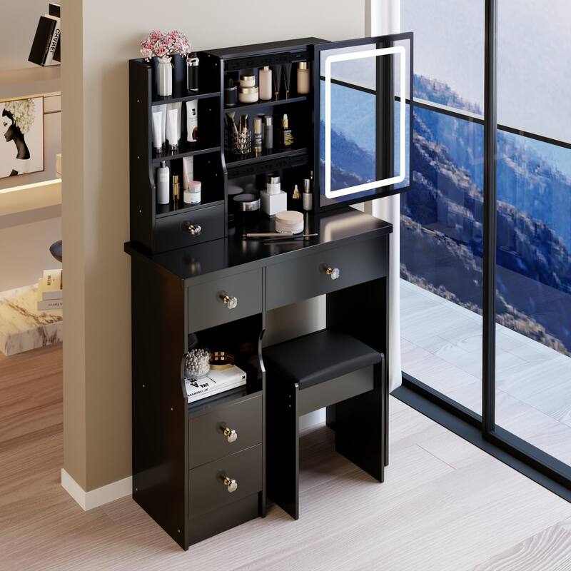 29.2"Small Size Left Drawer Desktop Vanity Table +Cushioned Stool,Large Sliding Adjust LED Mirror,High Capacity Storage